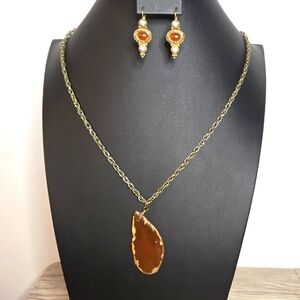 Vintage 80s Lucite Amber Agate Pendant & Earrings Collectible Jewelry Set